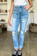 Judy Blue Full Size Distressed Straight Jeans with Patch Pockets - Hovatok