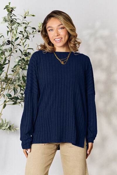 Basic Bae Full Size Ribbed Round Neck Slit Knit Top - Hovatok