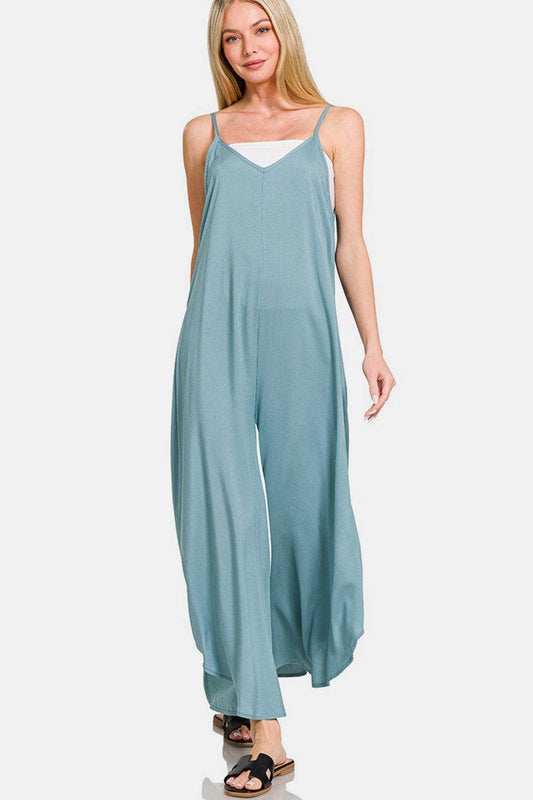 Zenana Spaghetti Strap Wide Leg Overalls with Pockets - Hovatok