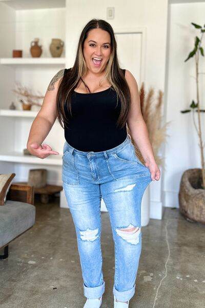 Judy Blue Full Size Distressed Straight Jeans with Patch Pockets - Hovatok