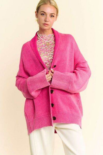 Davi & Dani Shawl Collar Ribbed Detail Button Up Cardigan - Hovatok