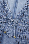 Tie V Neck Tucking Detail Short Sleeve Denim Dress - Hovatok