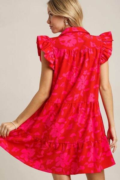 Umgee Full Size Floral Print Ruffle Cap Sleeve Tiered Dress Plus Size - Hovatok