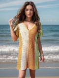 Openwork Color Block V-Neck Short Sleeve Cover-Up - Hovatok