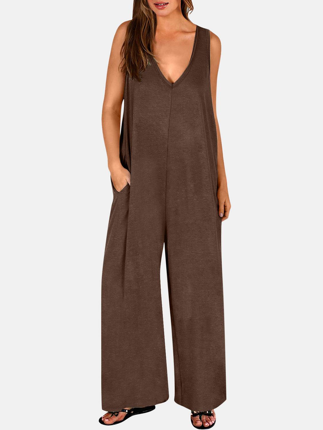 Full Size V-Neck Wide Strap Jumpsuit - Hovatok
