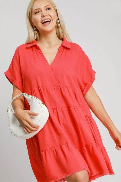 Umgee Full Size Raw Hem Folded Sleeve Tiered Dress Plus Size - Hovatok