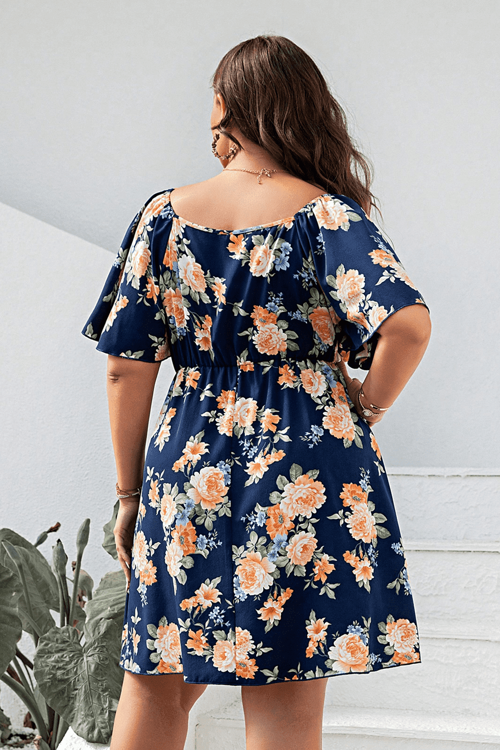 Plus Size Floral Print V-Neck Flutter Sleeve Mini Dress - Hovatok