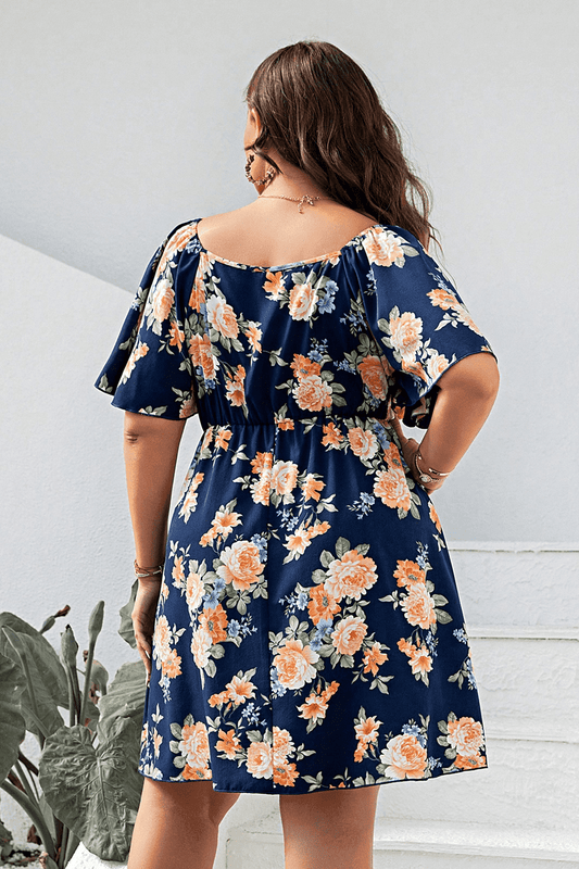 Plus Size Floral Print V-Neck Flutter Sleeve Mini Dress - Hovatok