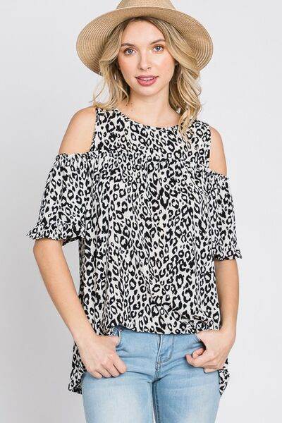 Heimish Full Size Leopard Round Neck Cold Shoulder T-Shirt Plus Size - Hovatok