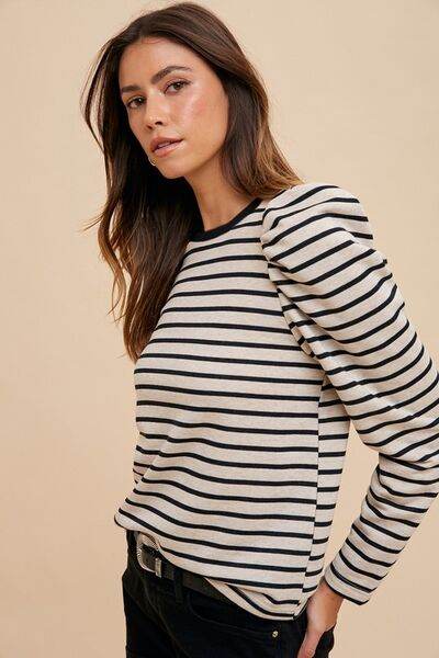 Annie Wear Striped Round Neck Puff Sleeve French Terry Top - Hovatok
