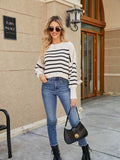 Round Neck Striped Lantern Sleeve Sweater - Hovatok