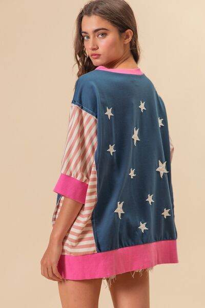 BiBi US Flag Theme Color Block Star Patch T-Shirt - Hovatok