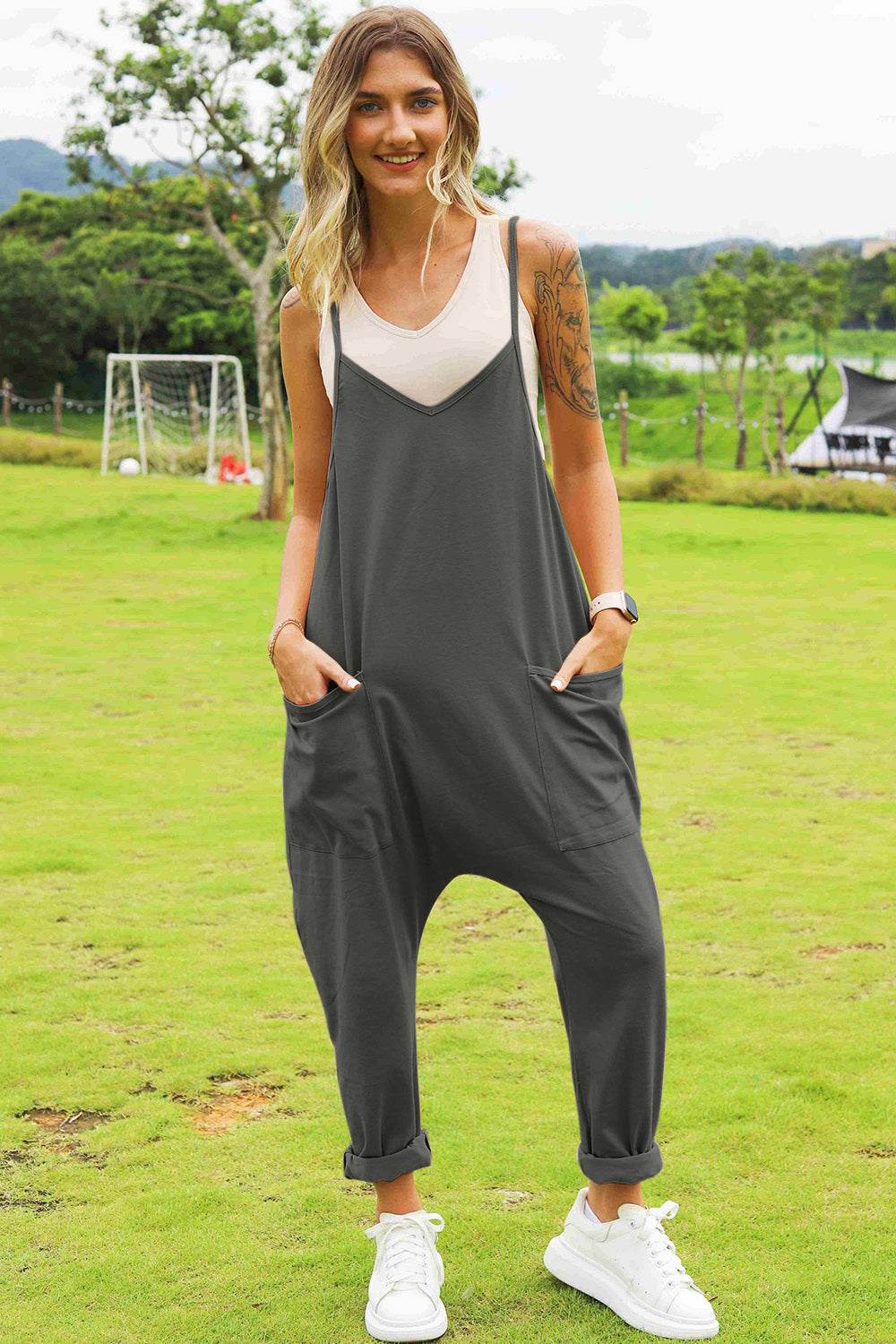 Double Take Full Size Sleeveless V-Neck Pocketed Jumpsuit - Hovatok