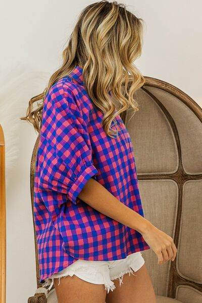 BiBi Plaid Button Up Dolman Sleeve Shirt - Hovatok