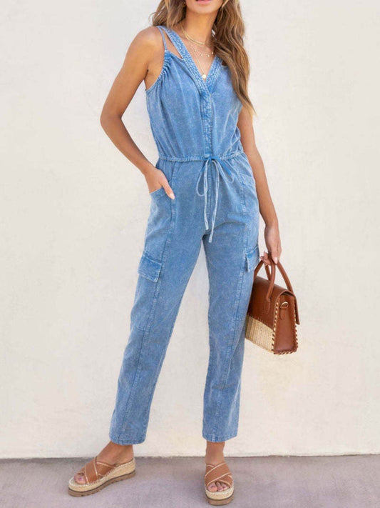 V-Neck Sleeveless Denim Jumpsuit - Hovatok