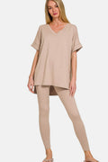 Zenana Full Size V-Neck Rolled Short Sleeve T-Shirt and Leggings Lounge Set - Hovatok