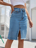 Raw Hem Slit Denim Skirt - Hovatok