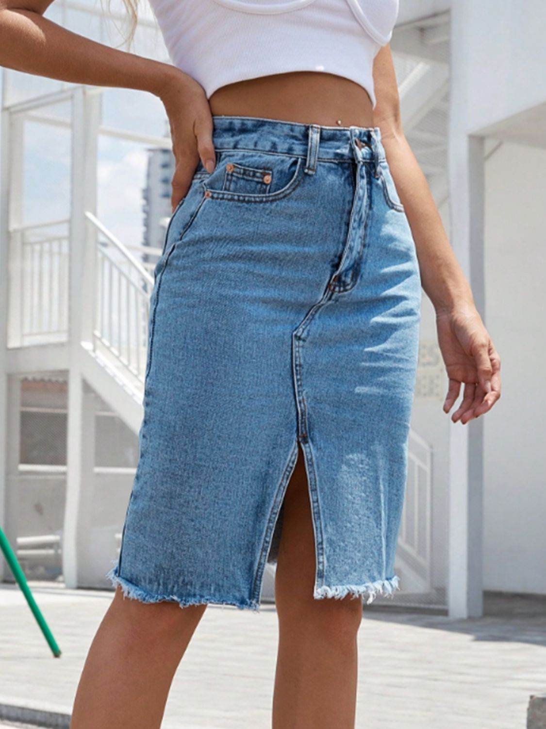 Raw Hem Slit Denim Skirt - Hovatok