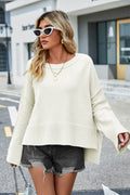 High-Low Slit Round Neck Long Sleeve Sweater - Hovatok
