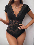 Perfee Lace V-Neck Cap Sleeve Bodysuit - Hovatok