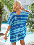 Angel Wings Tassel Openwork Striped V-Neck Cover Up - Hovatok