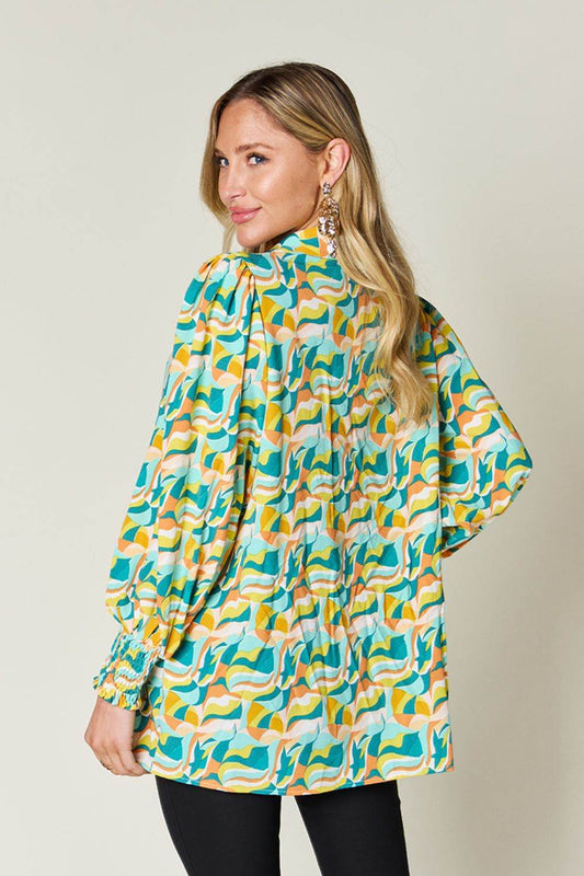 Double Take Full Size Printed Smocked Long Sleeve Blouse - Hovatok
