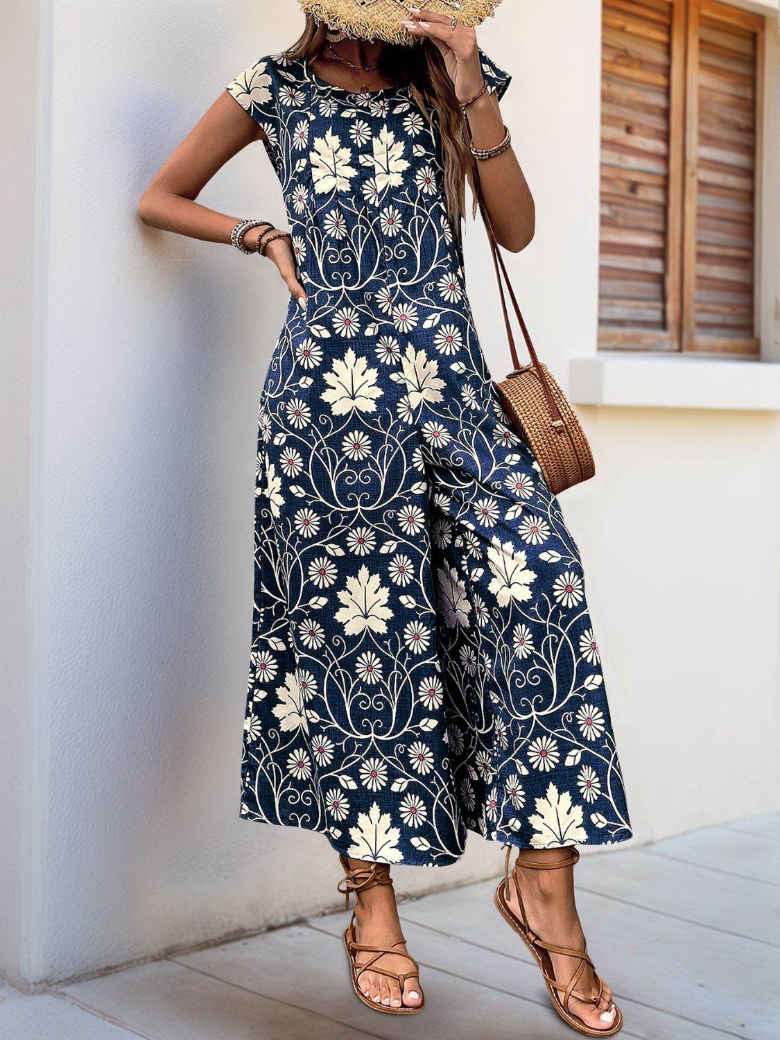Perfee Printed Round Neck Cap Sleeve Wide Leg Jumpsuit - Hovatok