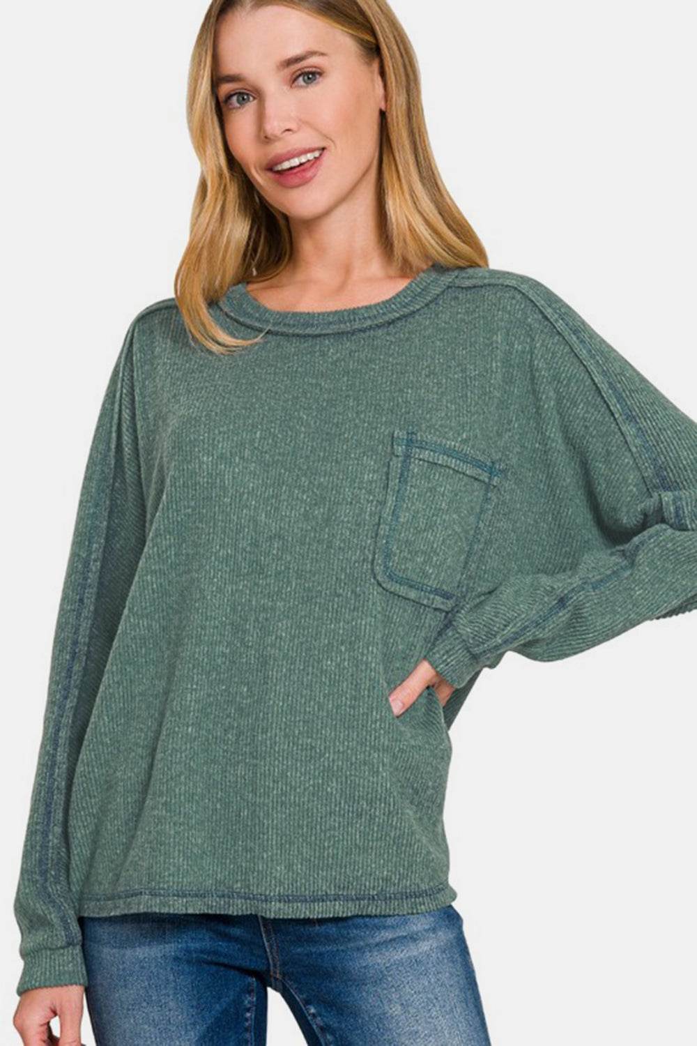 Zenana Full Size Contrast Stitching Brushed Ribbed Hacci Knit Top - Hovatok