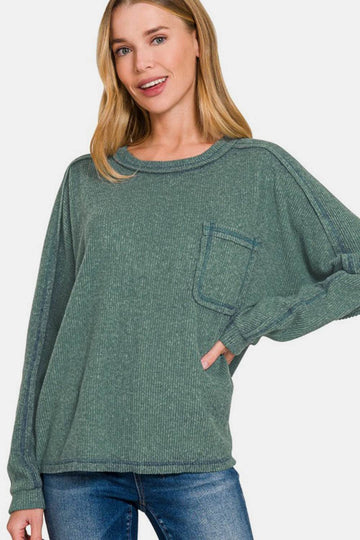 Zenana Full Size Contrast Stitching Brushed Ribbed Hacci Knit Top - Hovatok