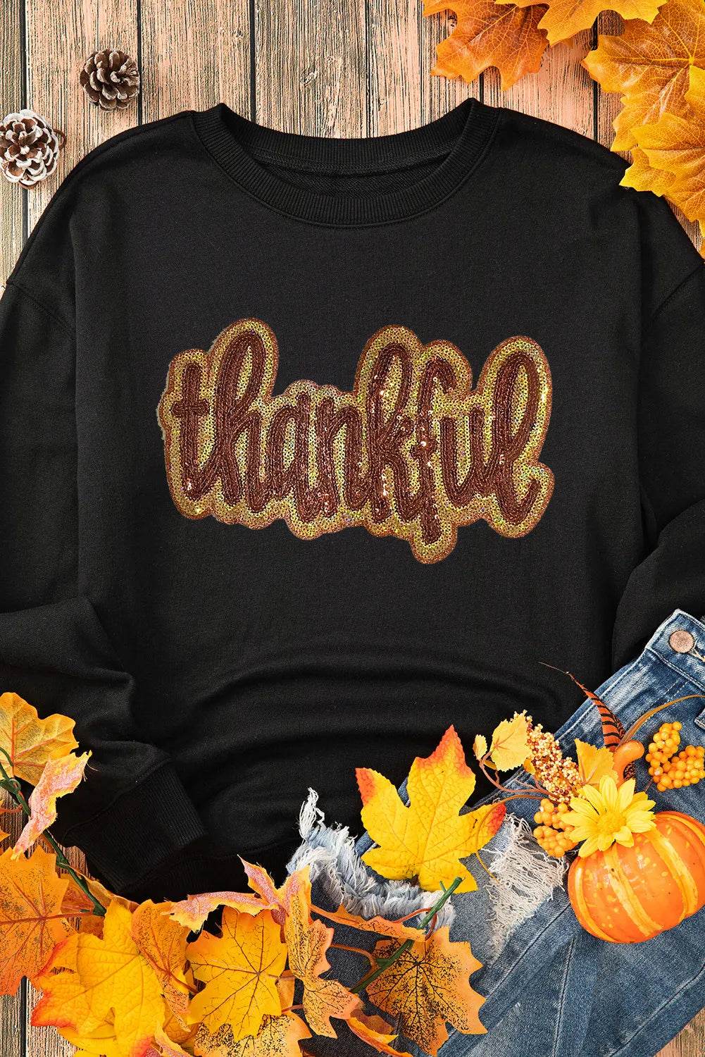 THANKFUL Round Neck Long Sleeve Sweatshirt - Hovatok