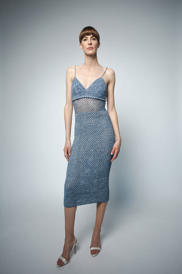 VIOLA HAND CROCHET STRAPPY DRESS IN BLUE DENIM