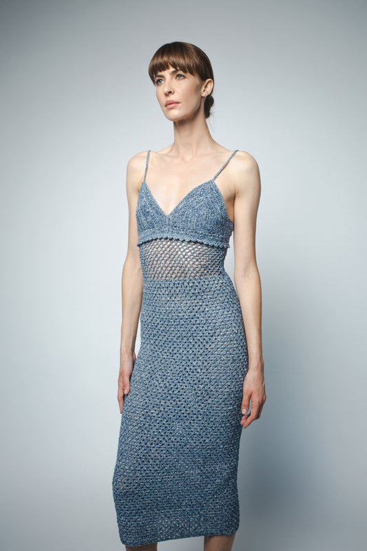 VIOLA HAND CROCHET STRAPPY DRESS IN BLUE DENIM