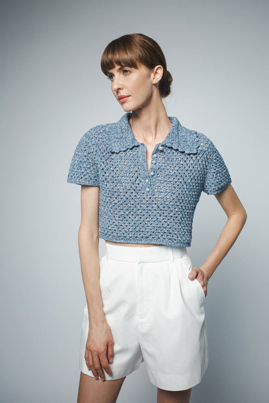 MARGOT HAND CROCHET CROPPED POLO IN BLUE DENIM