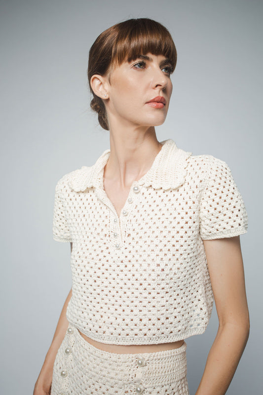 MARGOT HAND CROCHET CROPPED POLO IN PEARL