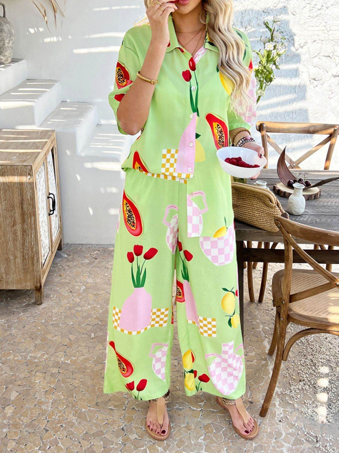 Devine Printed Collared Neck Half Sleeve Top and Pants Set - Hovatok