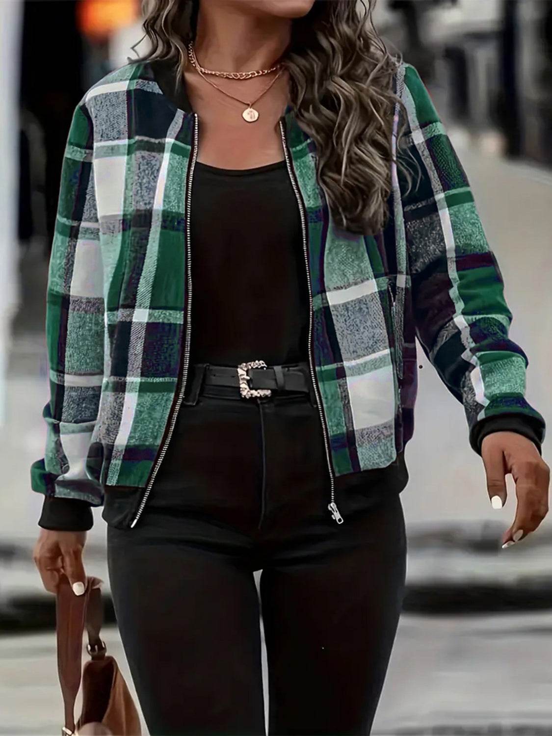 Plus Size Plaid Baseball Collar Zip Up Jacket - Hovatok