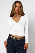 Lace Detail V-Neck Long Sleeve T-Shirt - Hovatok