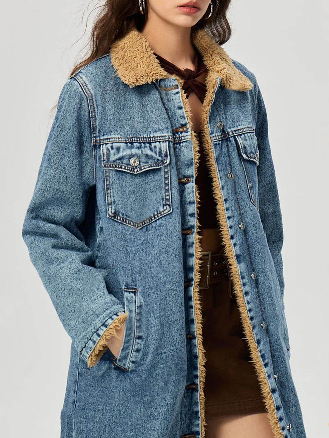 Pocketed Button Up Denim Jacket with Fur Lining - Hovatok