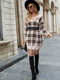 Plaid Distressed V-Neck Sweater Dress - Hovatok