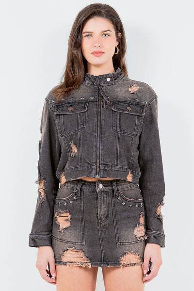 American Bazi Full Size Distressed Star Stud Trim Denim Rider Jacket Plus Size - Hovatok