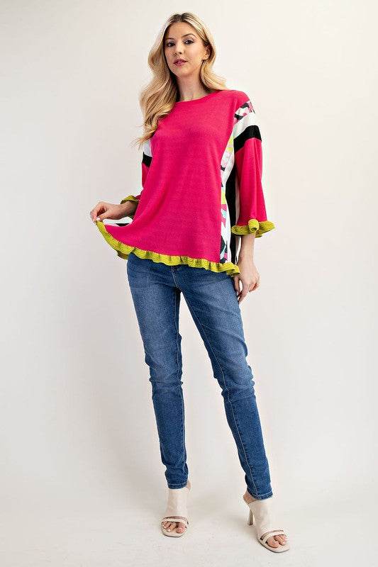 Celeste Full Size Ruffle Sleeve Color Block Top Plus Size - Hovatok