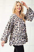 Celeste Full Size Leopard V-Neck Balloon Sleeve Blouse - Hovatok
