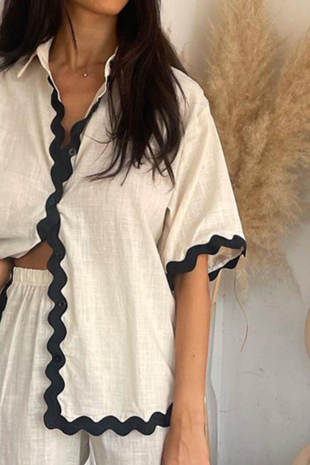 Contrast Trim Half Sleeve Top and Pants Set - Hovatok