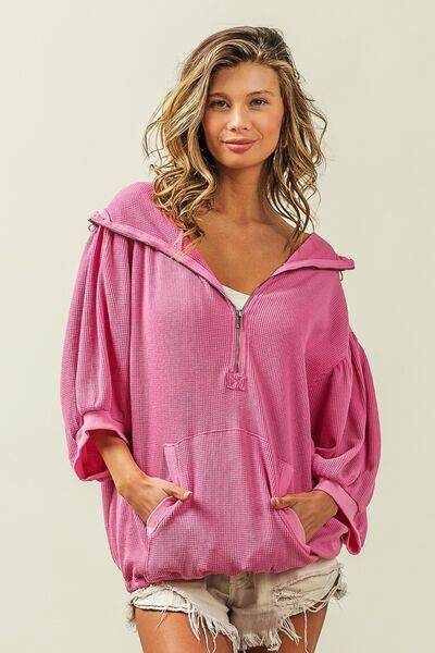 BiBi Waffle-Knit Half Zip Hooded Top - Hovatok