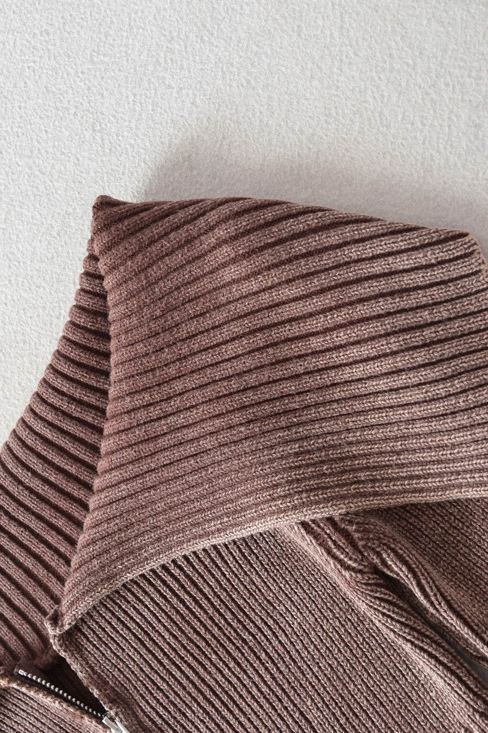 Double Take Ribbed Off-Shoulder Zip Up Long Sleeve Cardigan - Hovatok