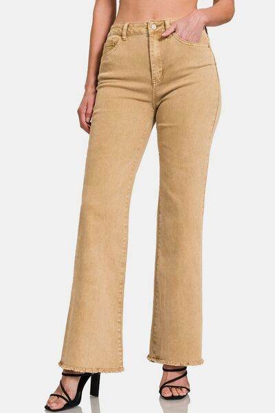 Zenana Acid Washed Frayed Hem Bootcut Jeans - Hovatok