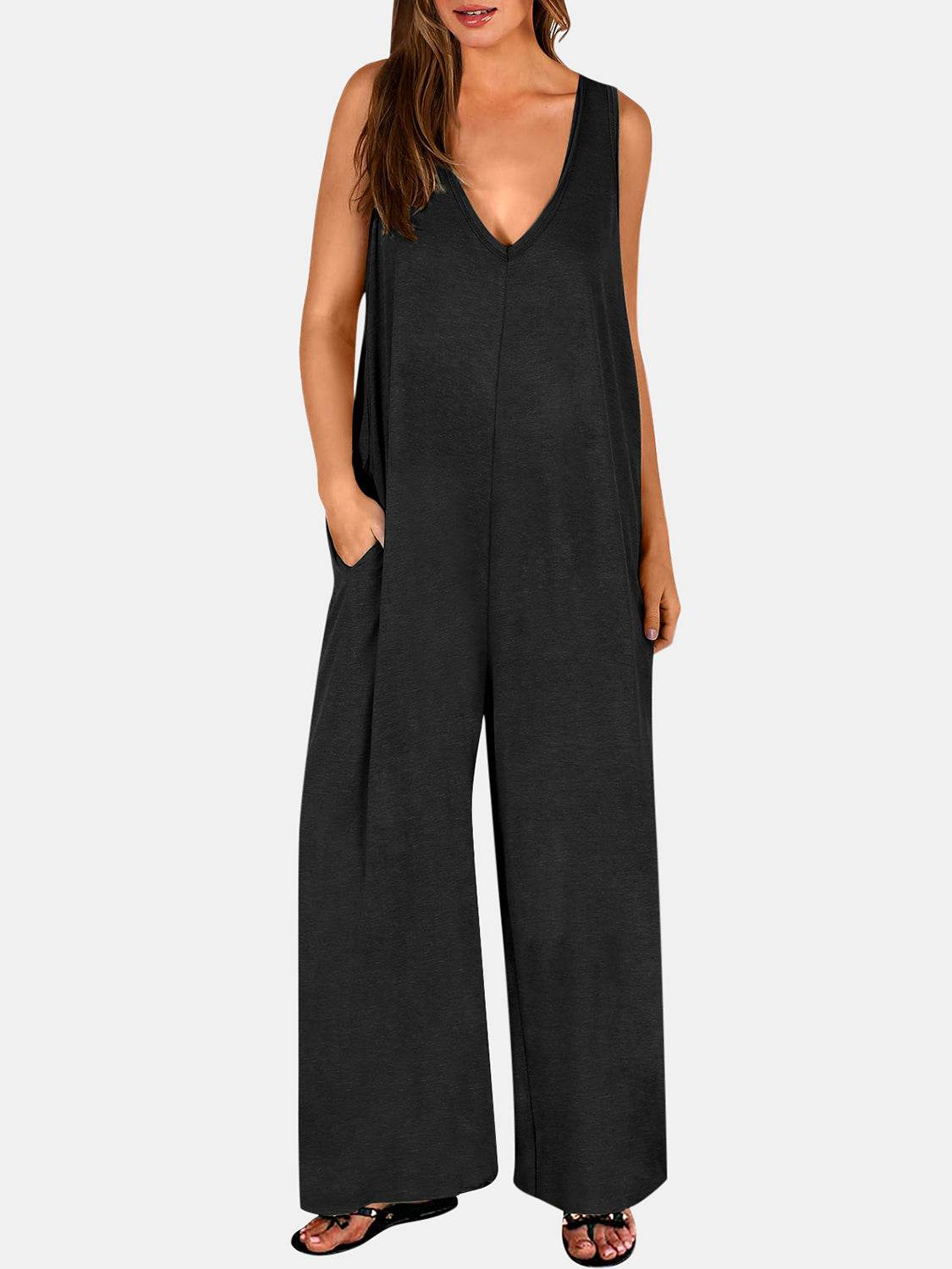 Full Size V-Neck Wide Strap Jumpsuit - Hovatok