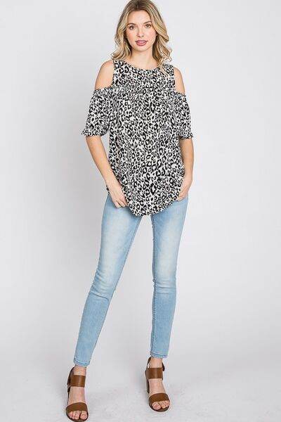Heimish Full Size Leopard Round Neck Cold Shoulder T-Shirt Plus Size - Hovatok