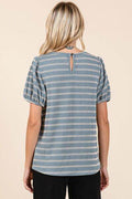 Mittoshop Contrast Striped Short Puff Sleeve Knit Top - Hovatok