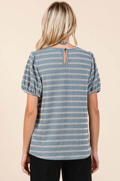 Mittoshop Contrast Striped Short Puff Sleeve Knit Top - Hovatok